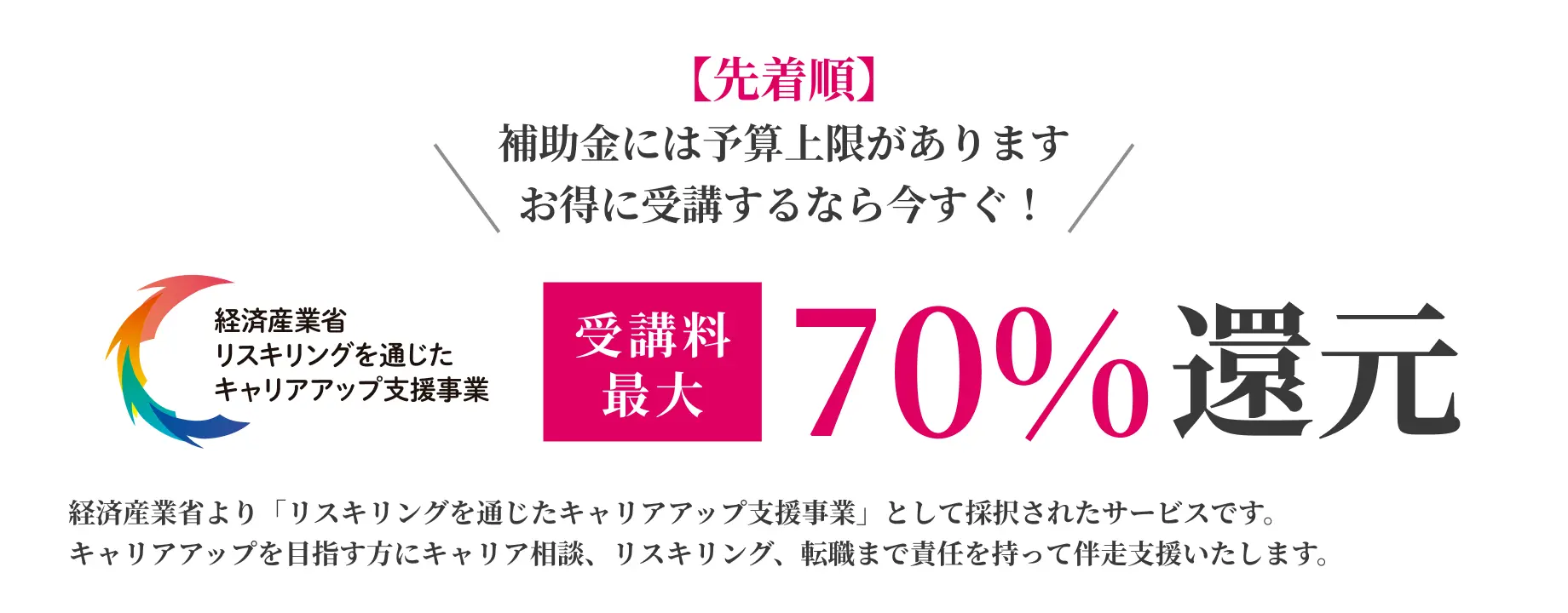 補助金には予算上限があります お得に受講するなら今すぐ！ 受講料最大70%還元