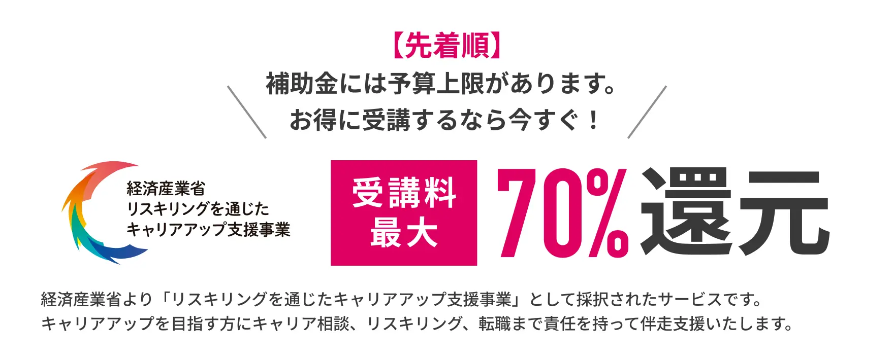 補助金には予算上限があります。お得に受講するなら今すぐ受講料最大70%還元。経済産業省より「リスキリングを通じたキャリアアップ支援事業」として採択されたサービスです。キャリアアップを目指す方にキャリア相談、リスキリング、転職まで責任を持って伴走支援いたします。