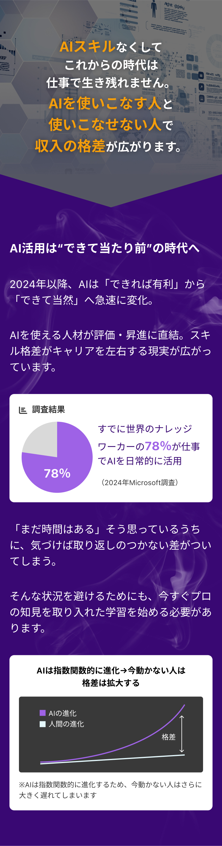 AIを使いこなす人と使いこなせない人で収入の格差が広がります。AI活用は“できて当たり前”の時代へ。「まだ時間はある」そう思っているうちに、気づけば取り返しのつかない差がついてしまう。そんな状況を避けるためにも、今すぐプロの知見を取り入れた学習を始める必要があります。