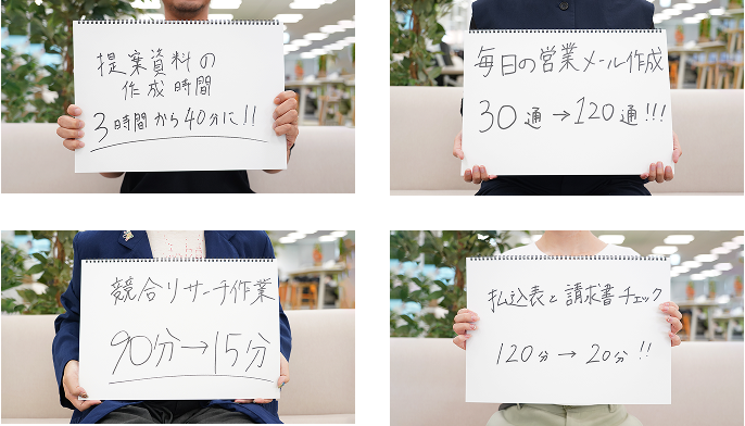 シゴトAIによるAIスキル習得の成功事例。4名の体験者が作業効率アップ。